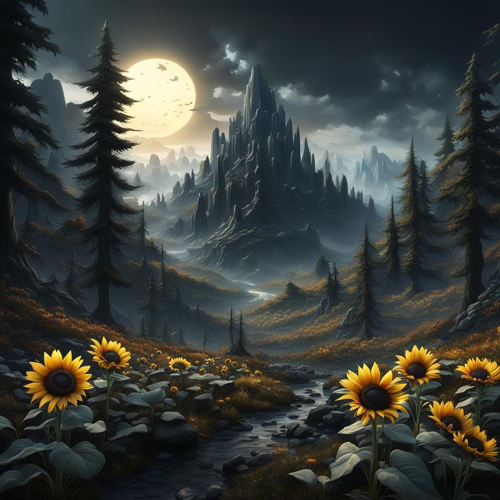 Fantastical Black Sunflower Forest in Detailed Matte Paintin...