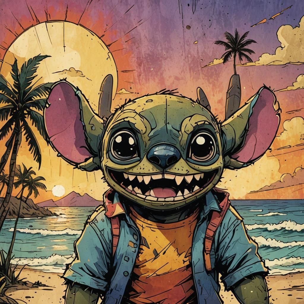 Mischievous Stitch Grin in Pulp Comic Style