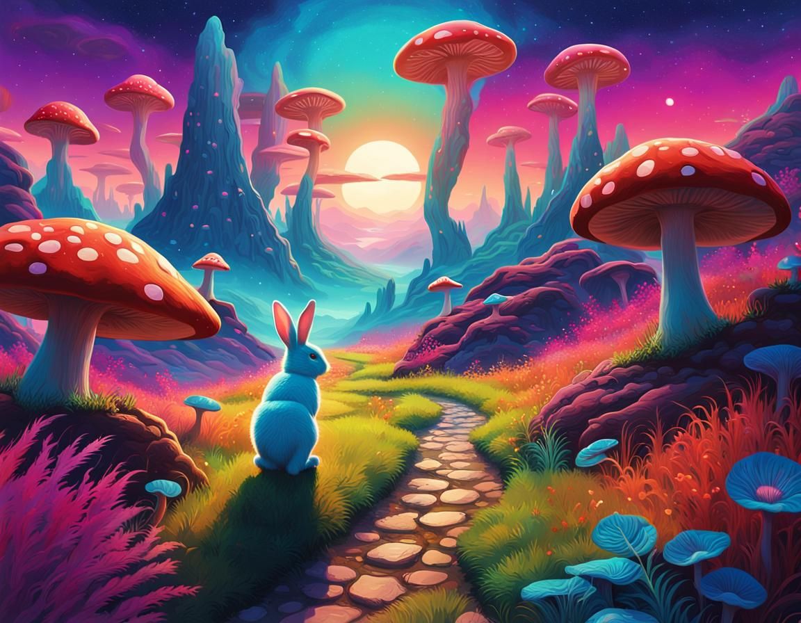 Rabbit's Journey Through a Psychedelic Fantasy Landscape