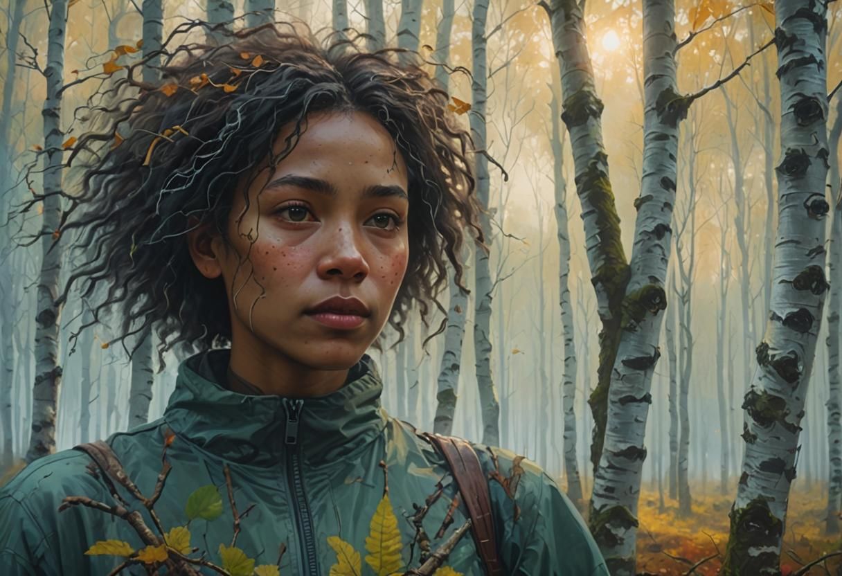 Woman in Misty Birch Forest: Matte Painting