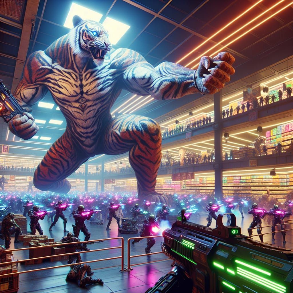 Tiger Humanoid Battles Neon Army: Matte Painting