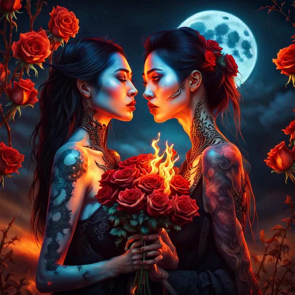 Ethereal Asian Witch Offers Fire Roses to Lover