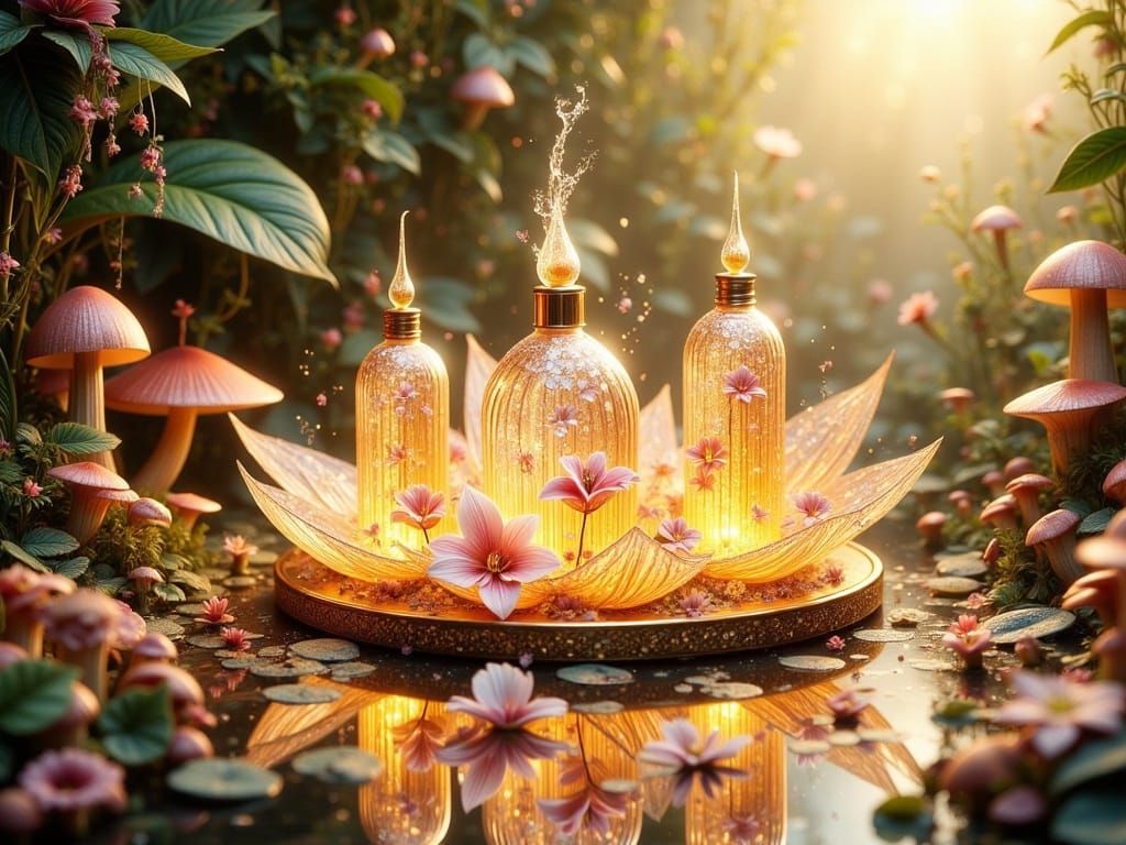 Iridescent Lotion Bottles in a Whimsical Floral Wonderland