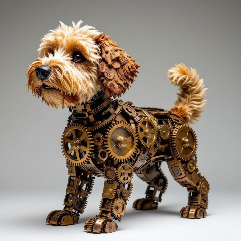 Steampunk Groodle Dog Sculpture Made of Gears