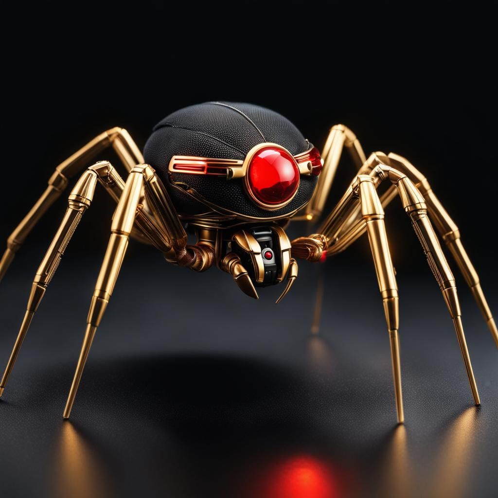 Golden Cyborg Spider with Red Glass Eyes