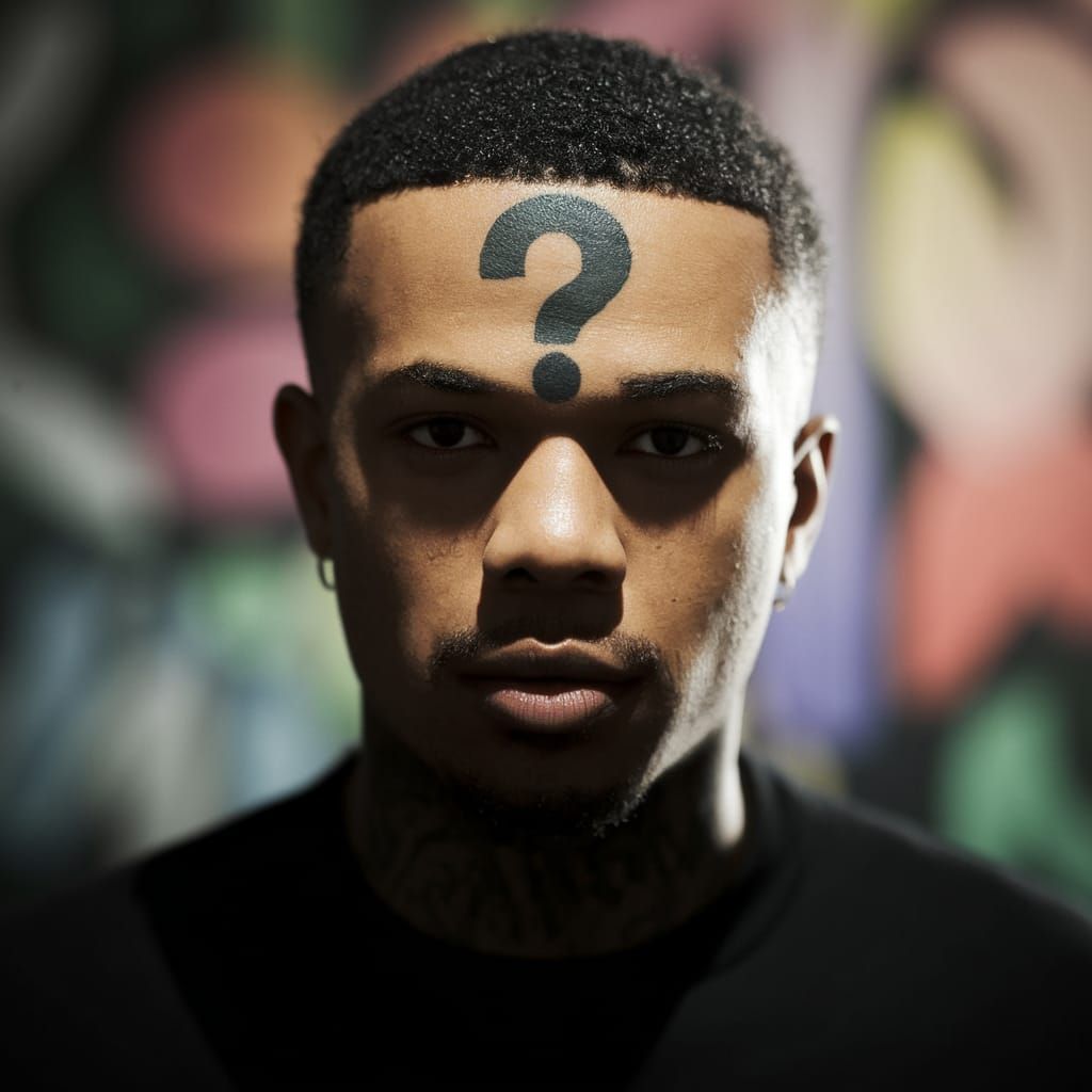 Rapper with a Question Mark Tattoo in a Graffiti Urban Scene
