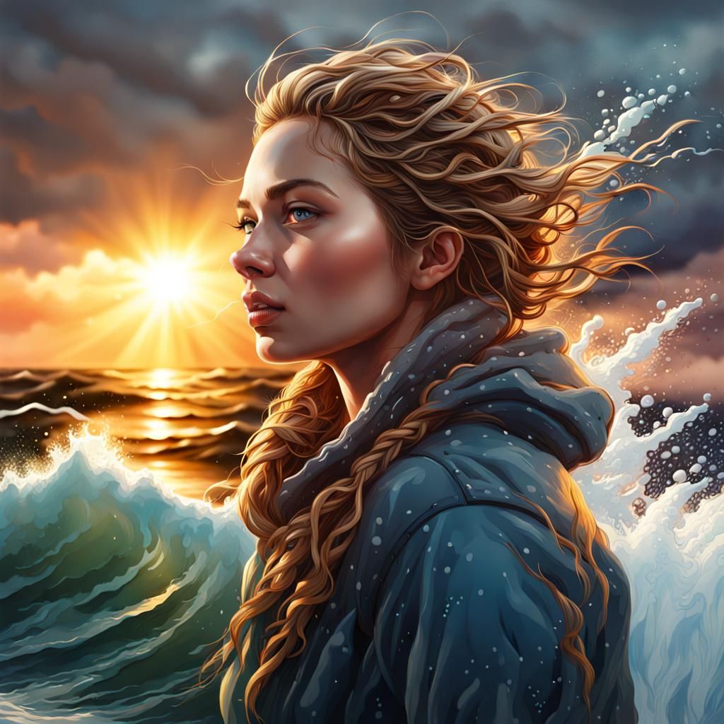 Winter Storm Girl on Ship: Hyperrealistic Splash Art