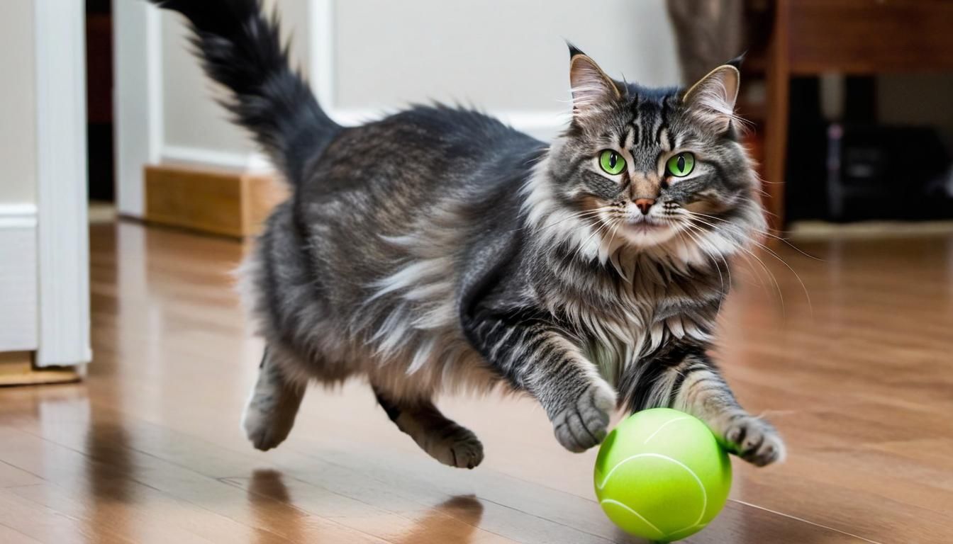 Fluffy Tabby Cat Chasing a Bouncing Ball