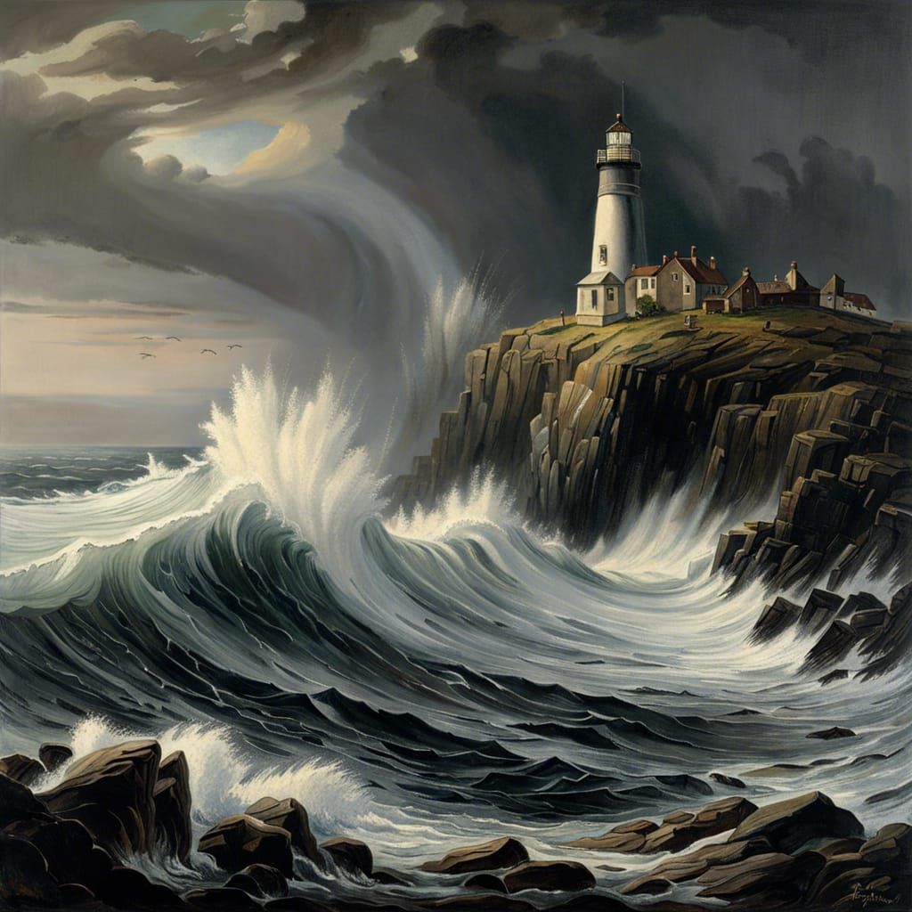 Waves Crashing on Rocky Shore in Storybook Illustration