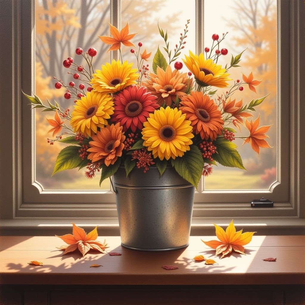 An oil painting in the style of Bob Ross. A smallish tin buc...