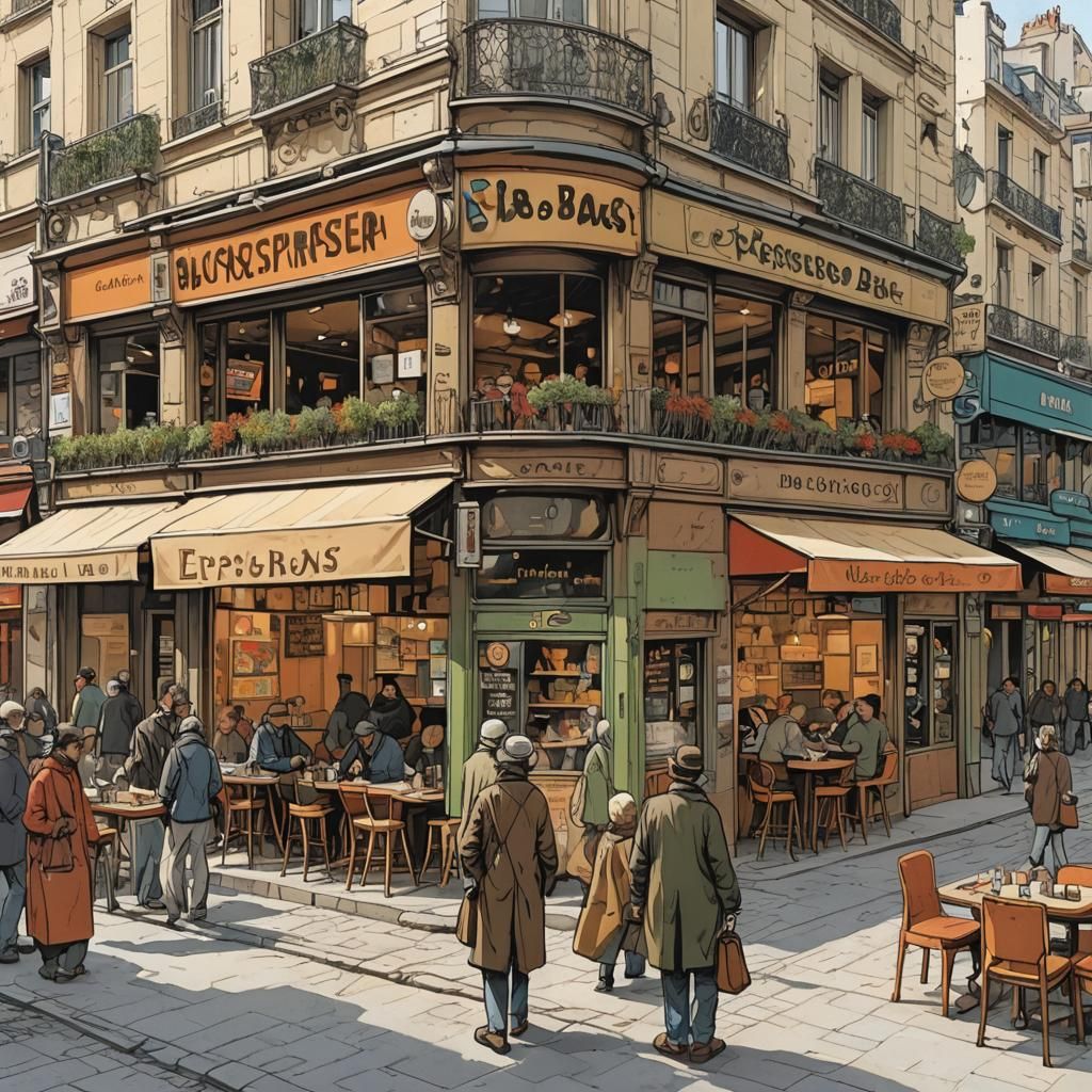 Urban Coffee Scene in Bande Dessinee Style