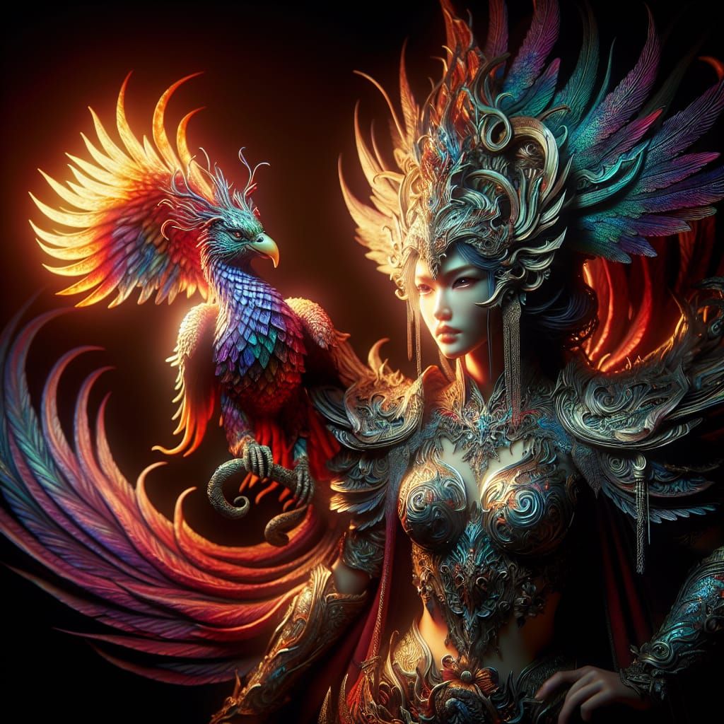 Mystical Warrior Goddess with Phoenix Companion