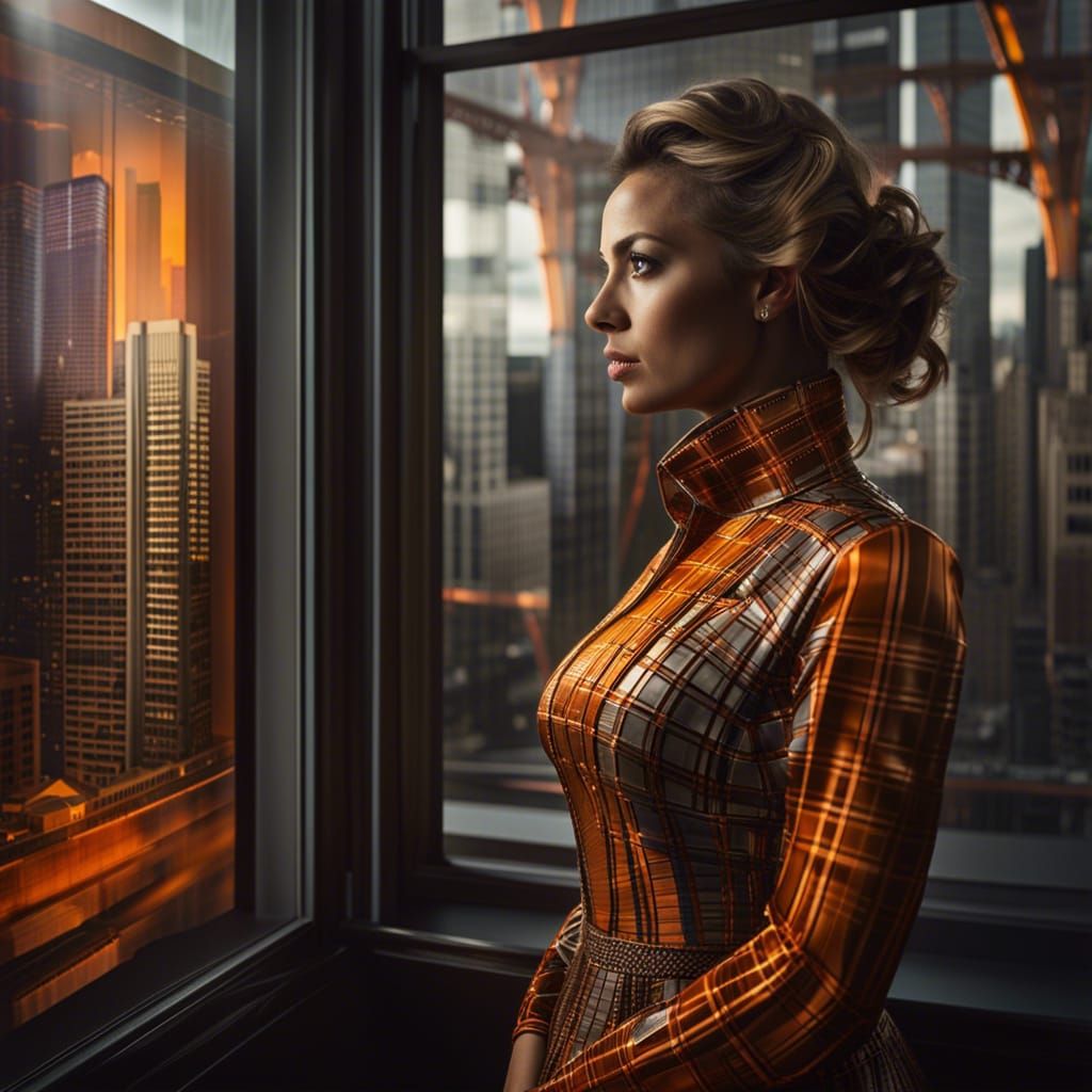 Plaid Dress Woman Gazing at Cityscape