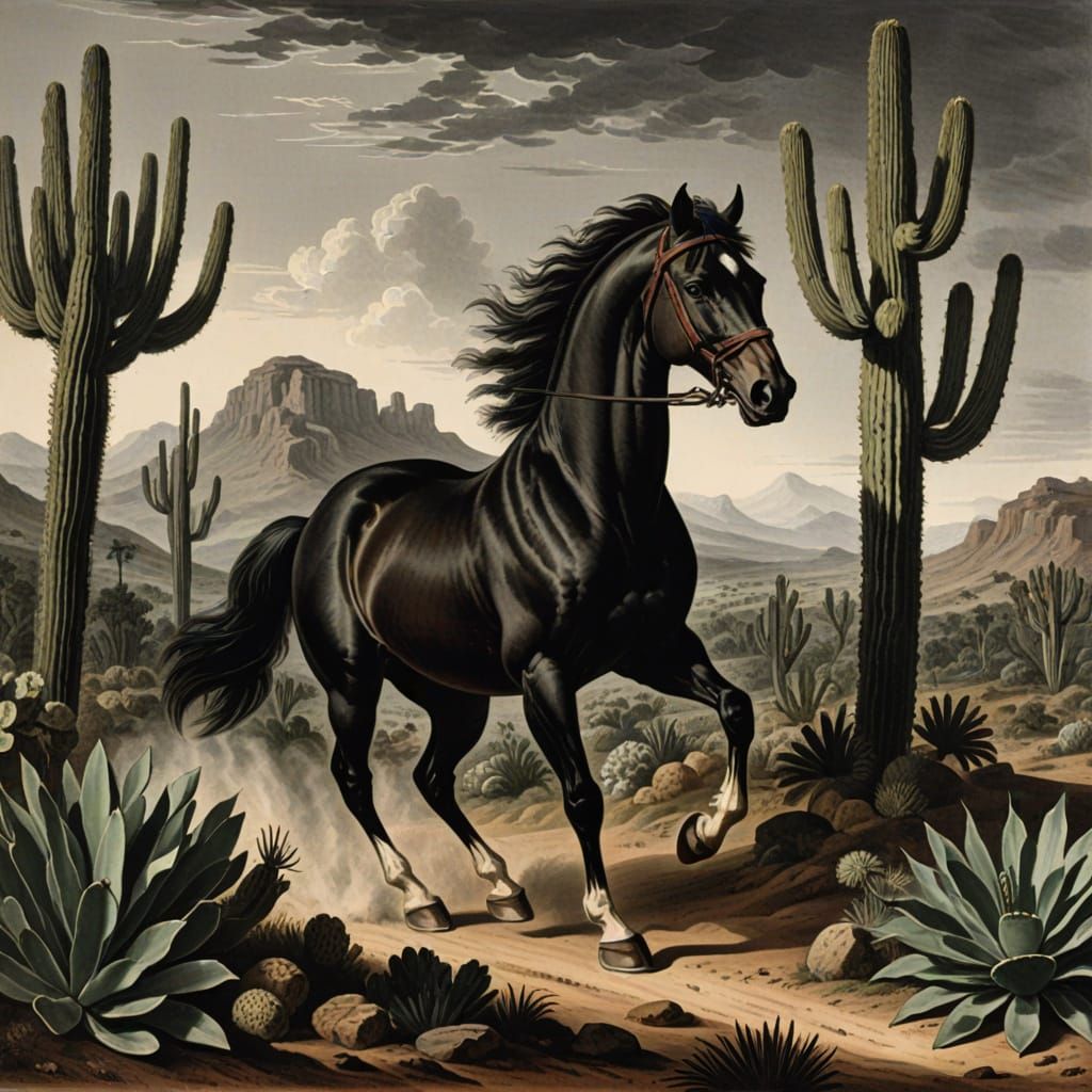 Stallion Gallops Through Cacti: 18th Century Engraving Style