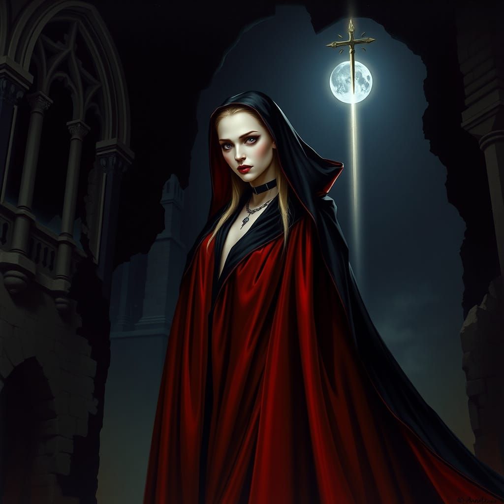 Majestic Vampire Countess in Gothic Crypt, Velvet Cape and M...