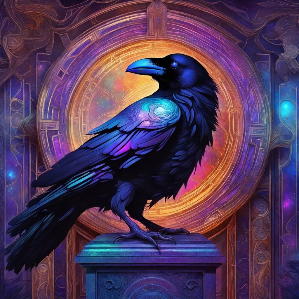 Raven Sits Above Chamber Door: Cosmic Illustration