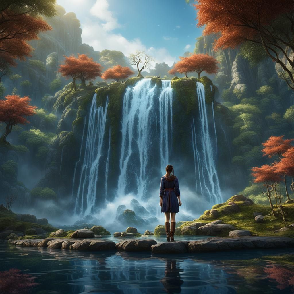 Waterfall with Woman: Fantasy Concept Art