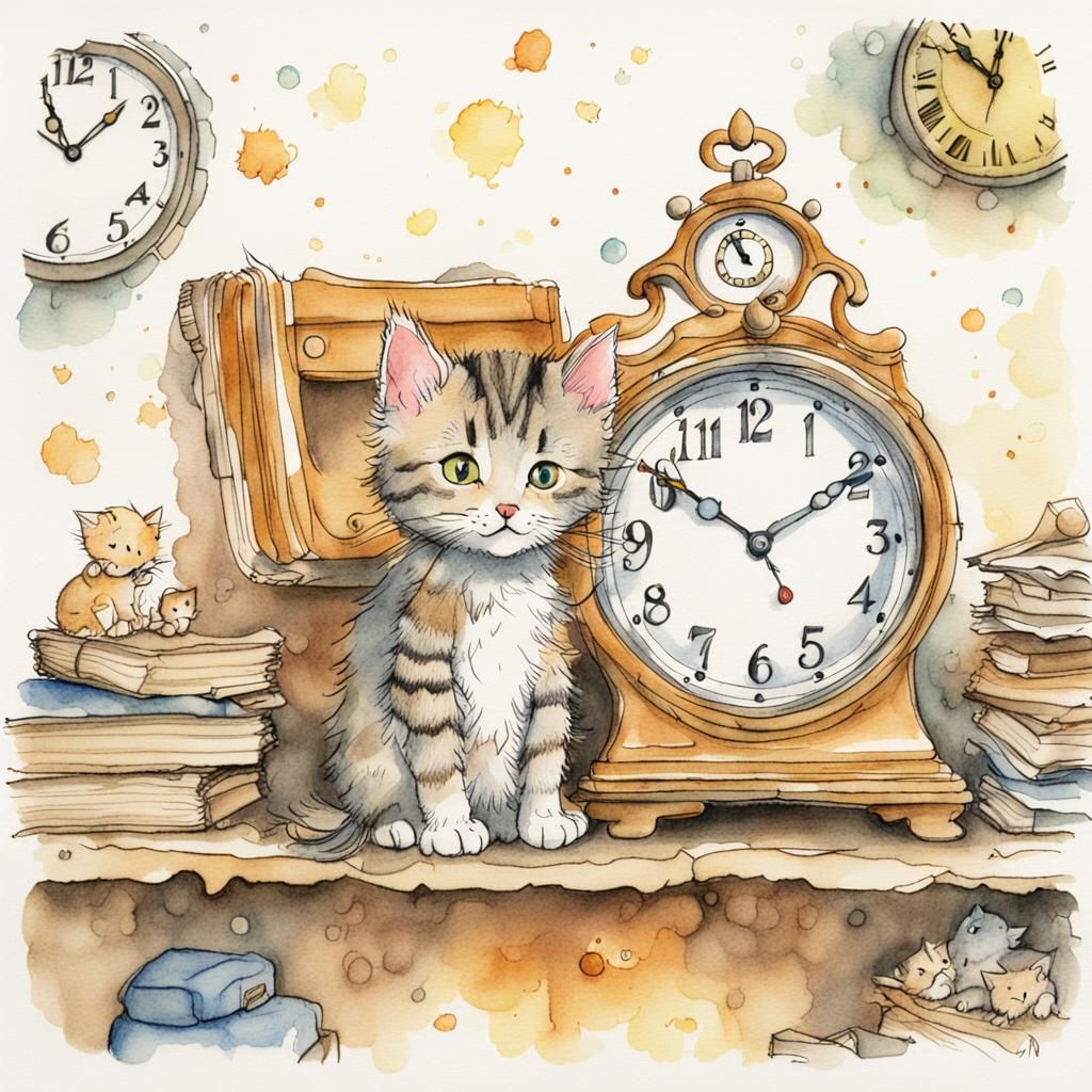 Chibi Kitten Stares at Clock: Storybook Illustration