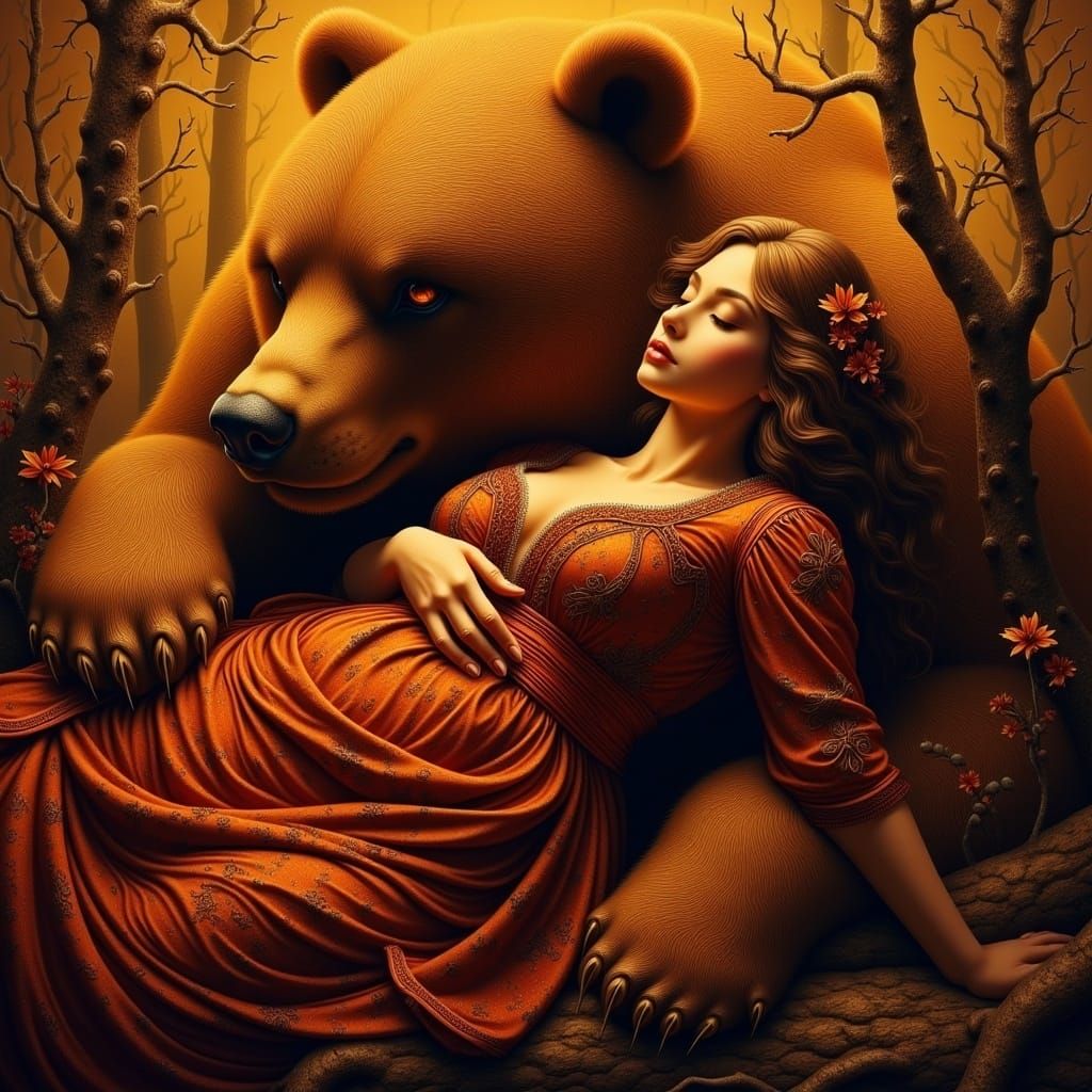 Woman and Bear Embrace in Autumnal Fantasy Art