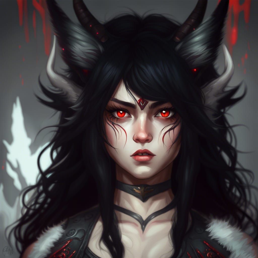 Photorealistic Wolf-Girl Warrior with Oni Horns