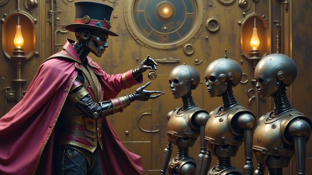 Mad Magician Hypnotizes Robots in Oil Painting Style