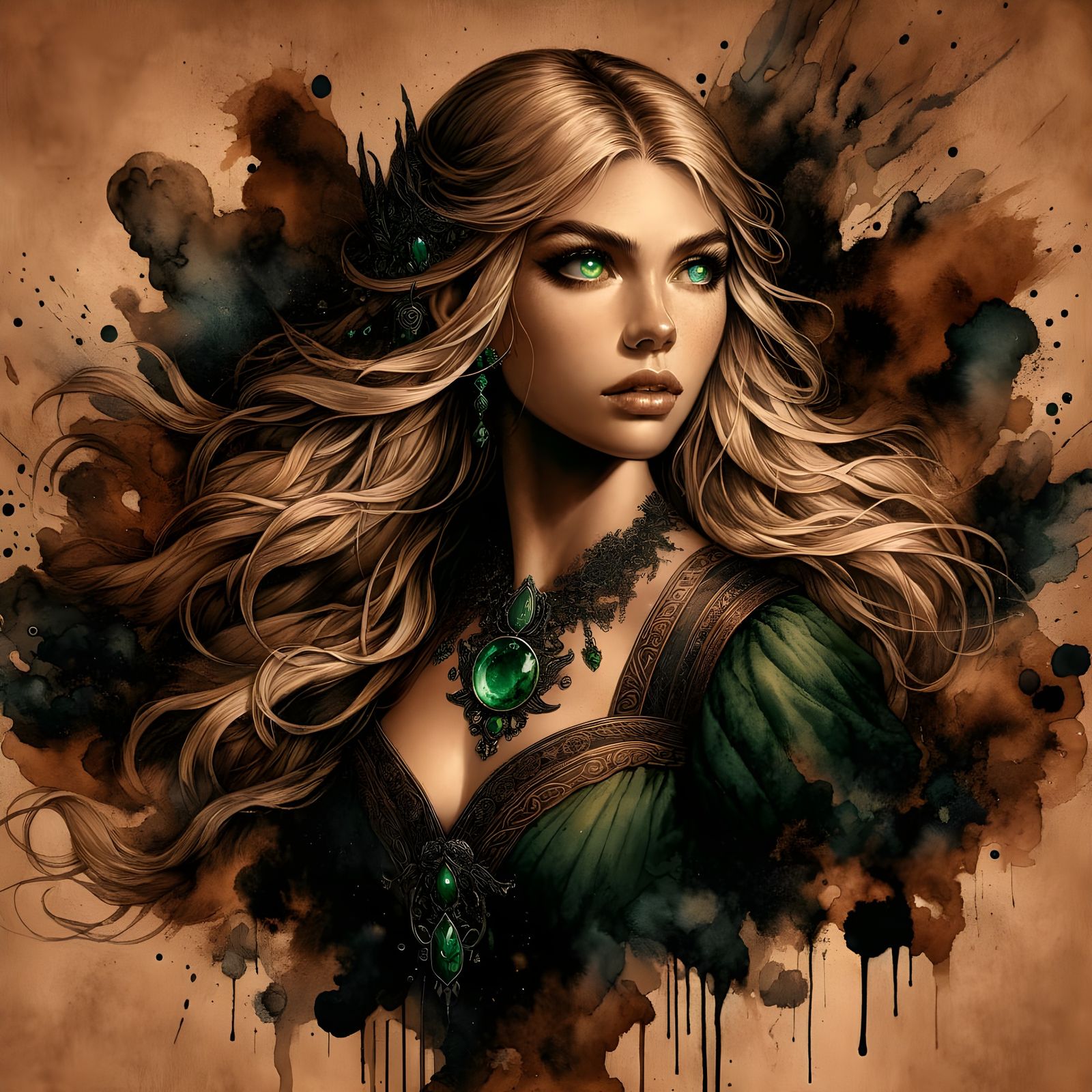 Norse Goddess with Emerald Eyes in Ink Splatter Style