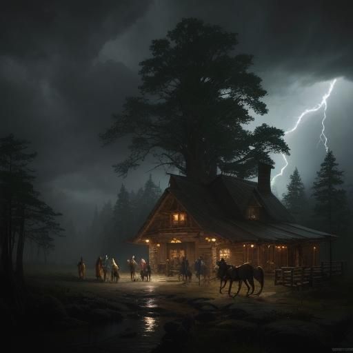 Fantasy Travelers Arrive at Forest Tavern in Storm