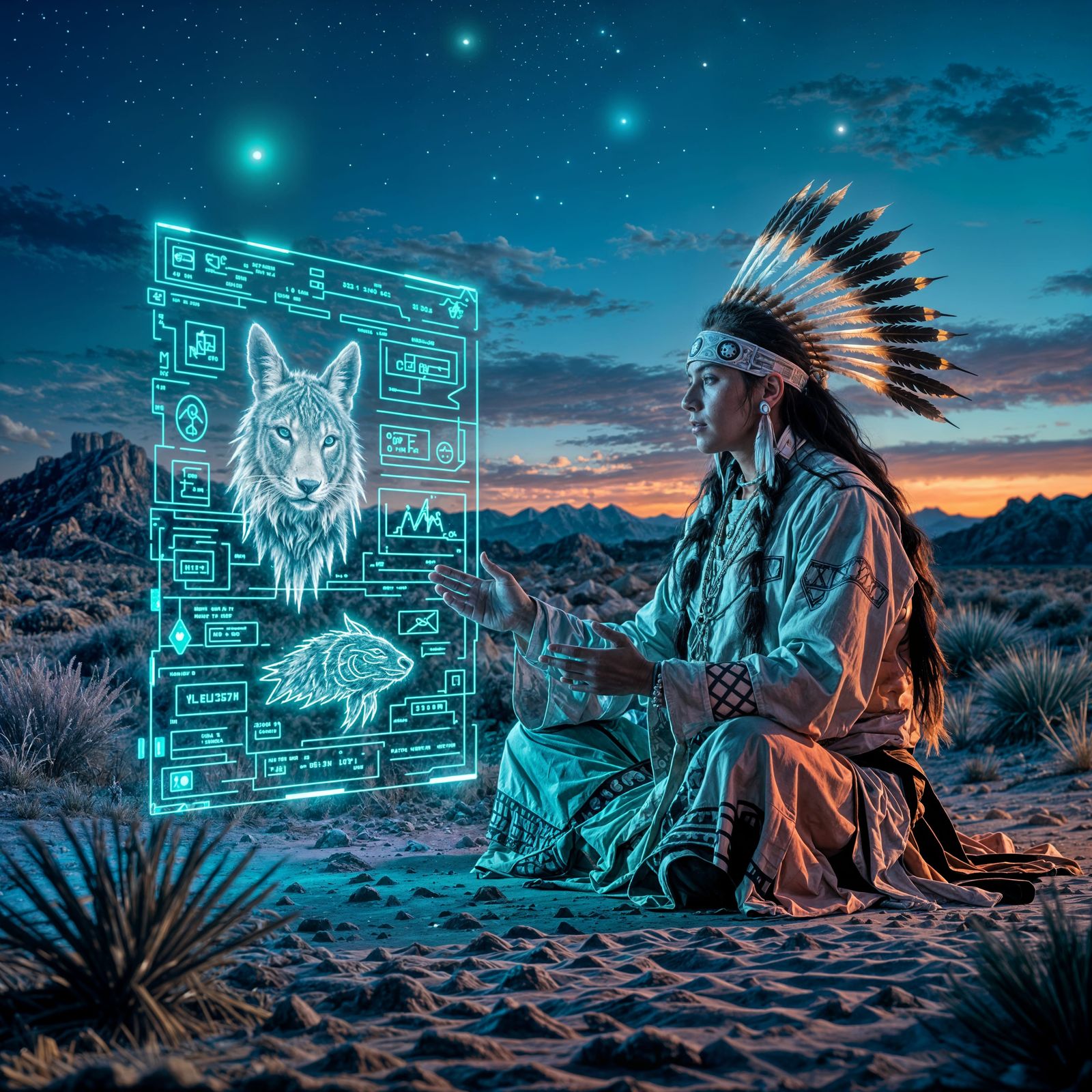 Futuristic Shaman Communicates with Spirits in Neon Desert