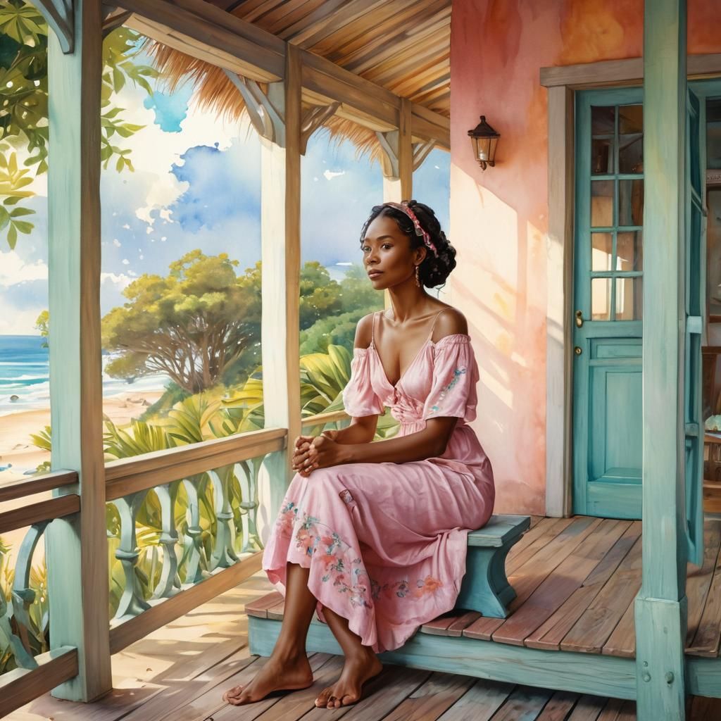 Jamaican Woman on Beach: Alphonse Mucha Style Watercolor