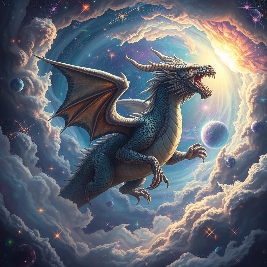Celestial Dragon in Vibrant, Dreamlike Cosmos