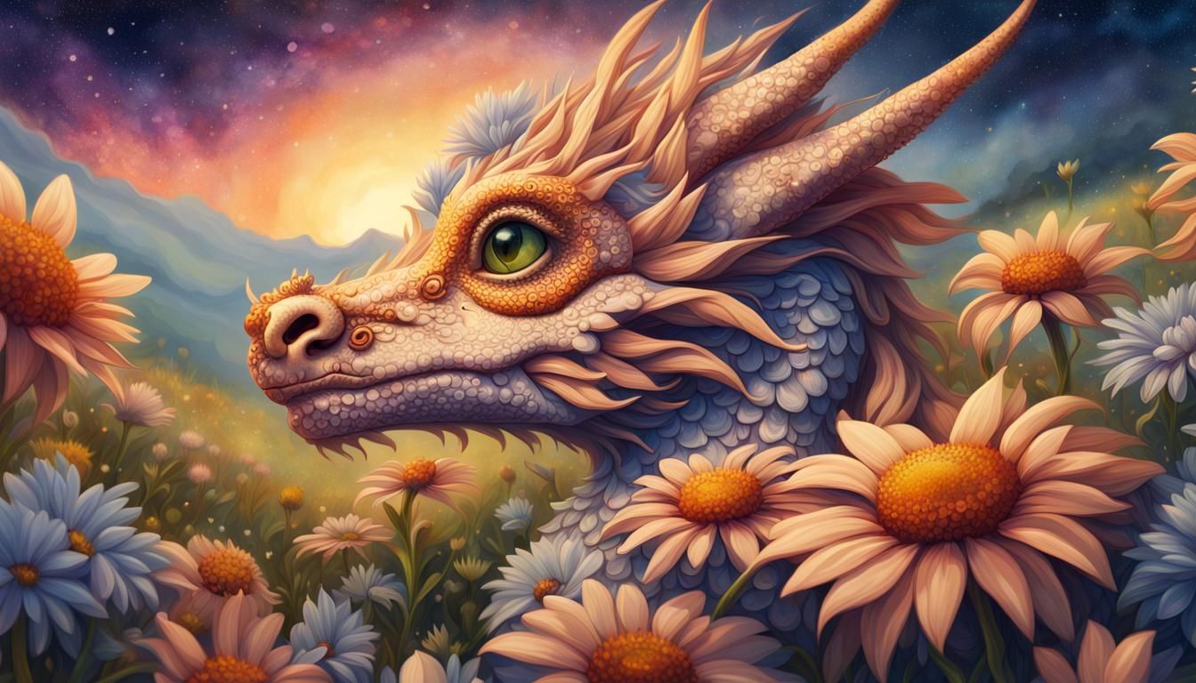 Ornate Daisy Dragon in Fantasy Flower Field