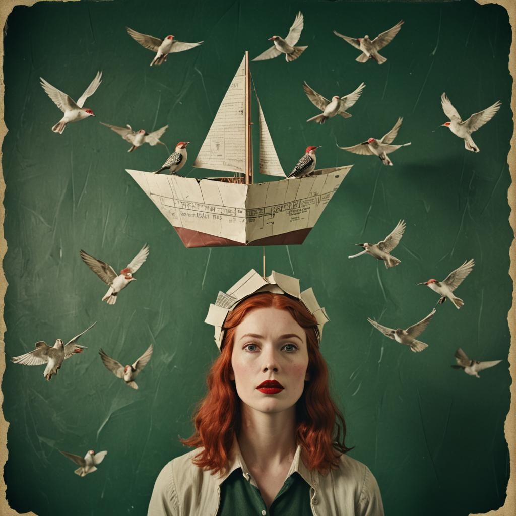 Red-Haired Woman with Paper Ship, Polaroid Style