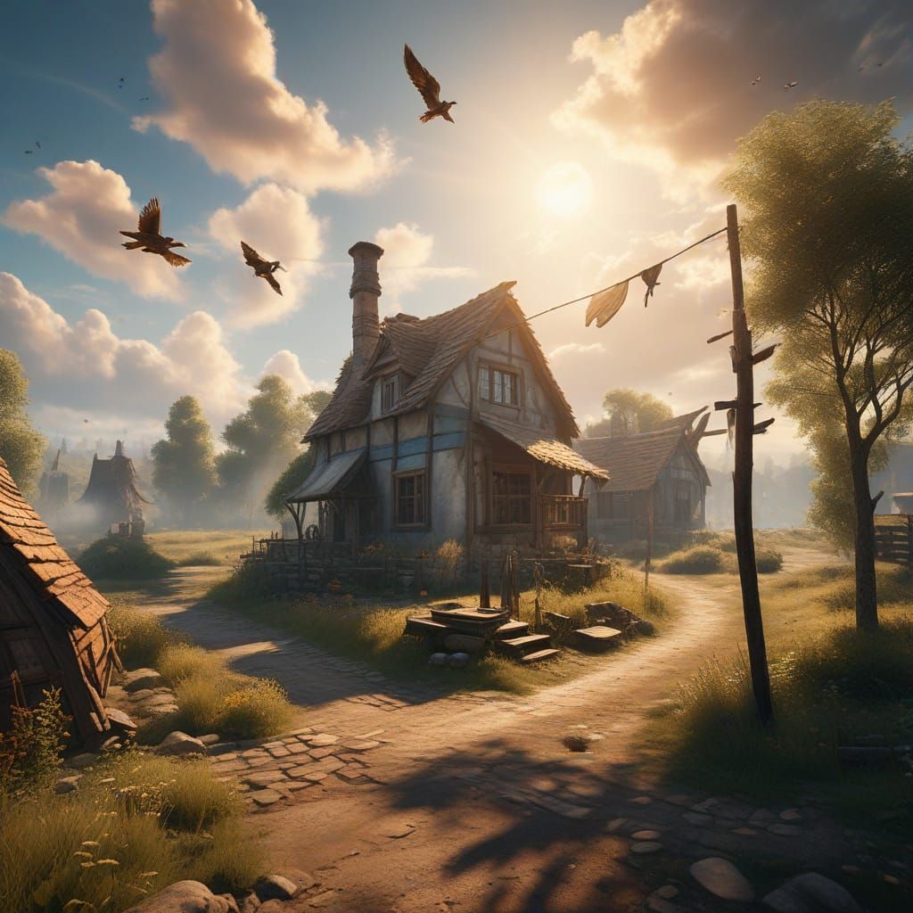 Medieval Woman Hangs Fresh Laundry in Sunlit Countryside