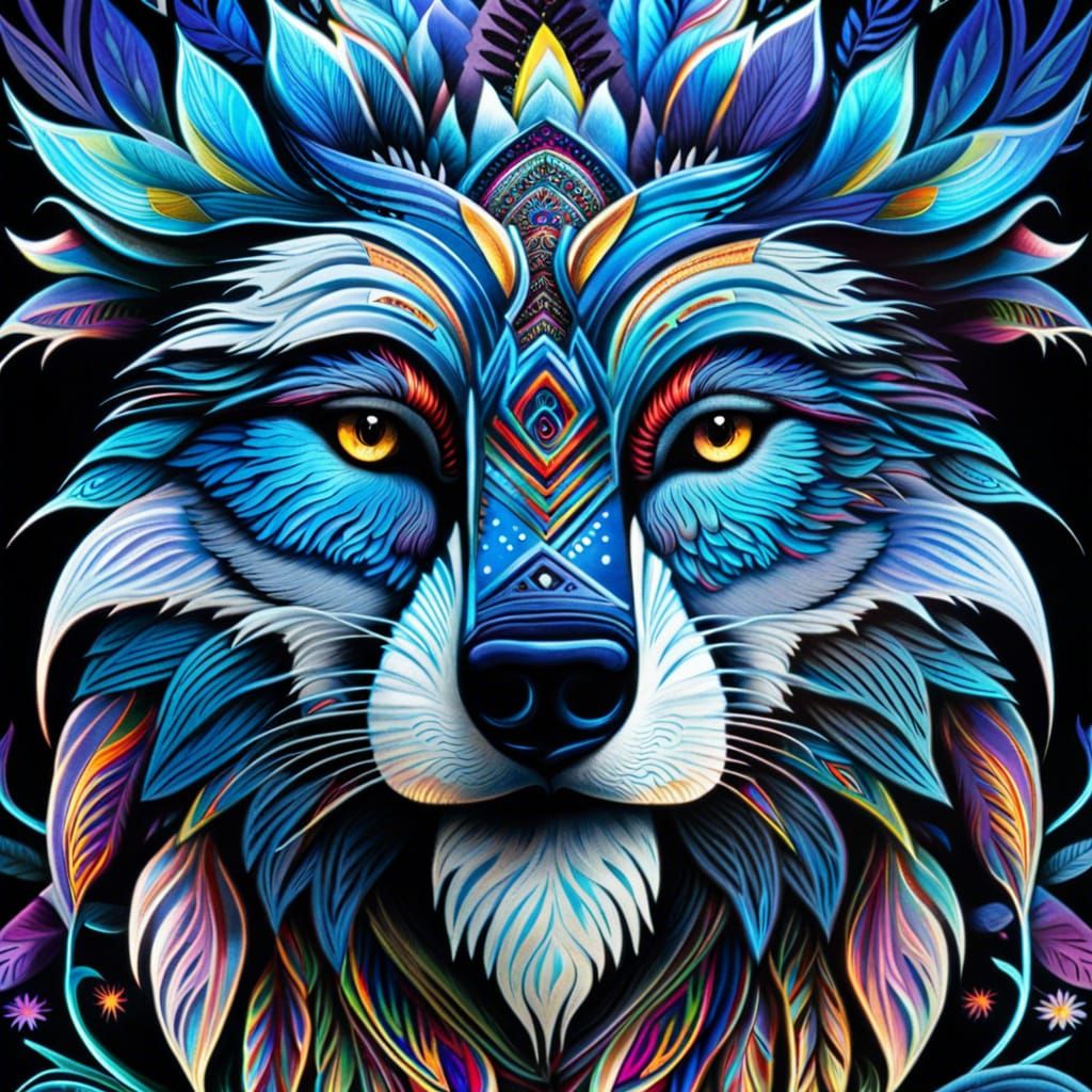Wolf in the style of Laird Goulet, epic background, indigenous, first nations, earth spirit, 8k resolution holographic a...