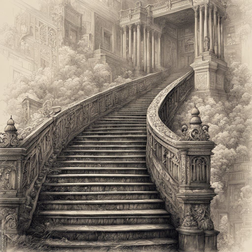 Fantasy Pencil Stairs Close Up in Grunge Style