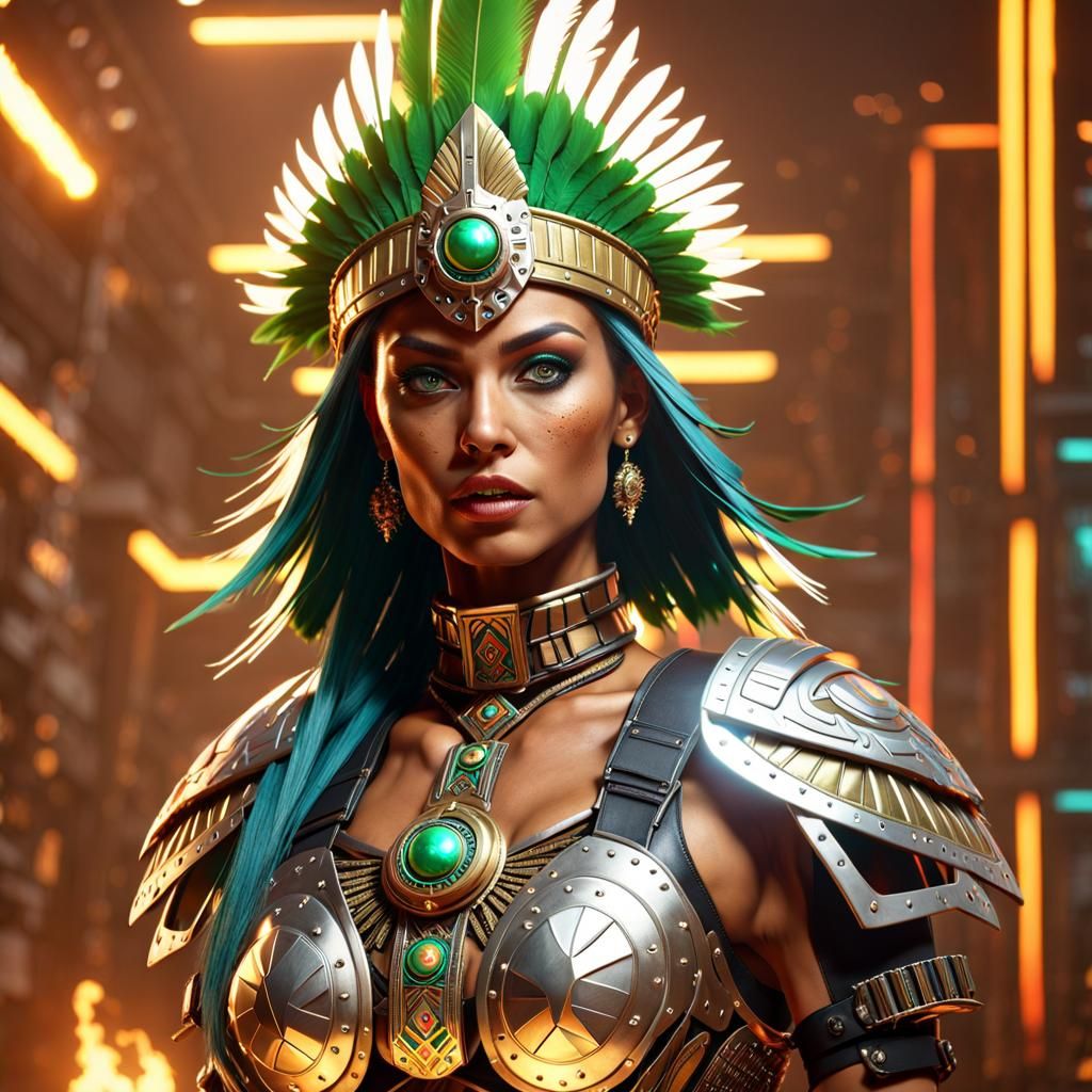 Aztec Warrior Woman with Flaming Sword in Cyberpunk Style