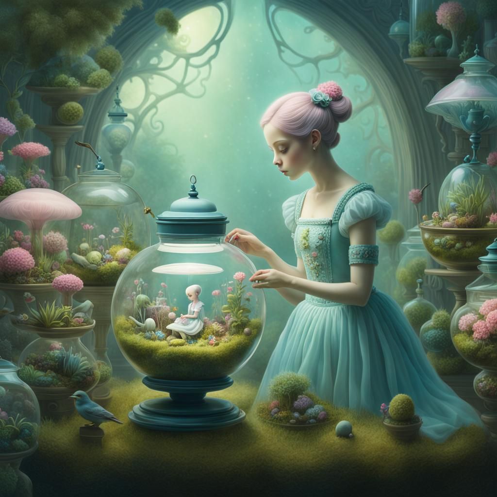 Ethereal Being Tending Magical Terrarium Worlds