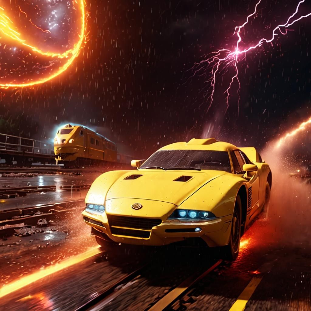 Fiery Train in Heavy Rain with Sci-Fi Accents