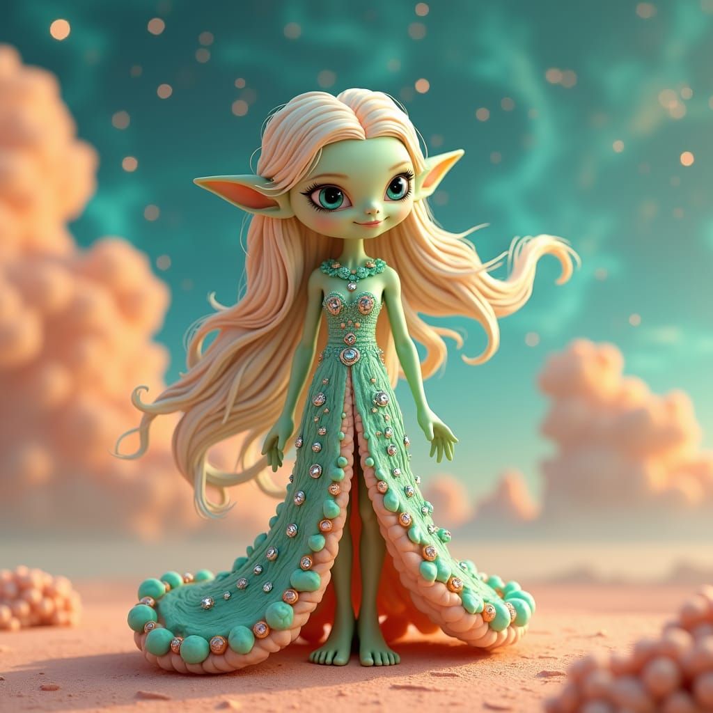 A 3D illustration of an adorable little alien girl with long peach-colored hair, with strands woven with aquamarine gems...