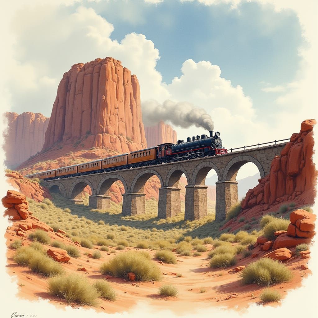 Wild West Landscape with Viaduct in Watercolour