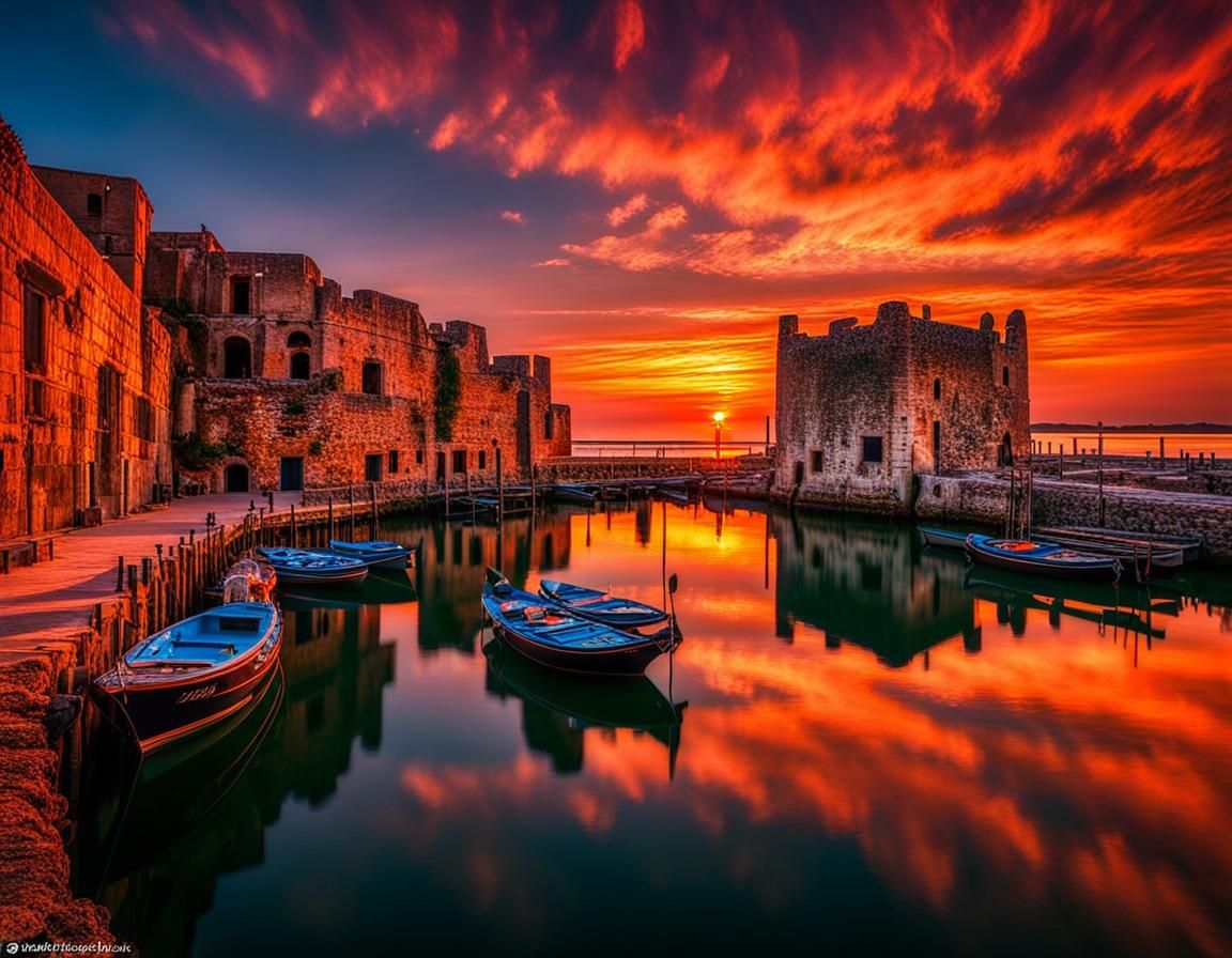 Stunning Sunset Over Ancient Harbor: Hyperrealistic Art