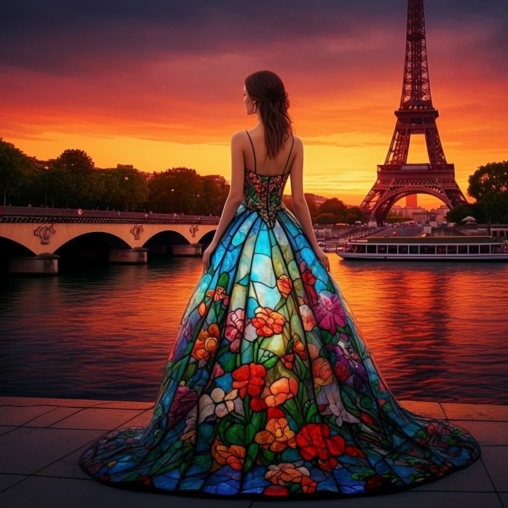 Woman in Stained Glass Floral Gown Stares at Eiffel Tower