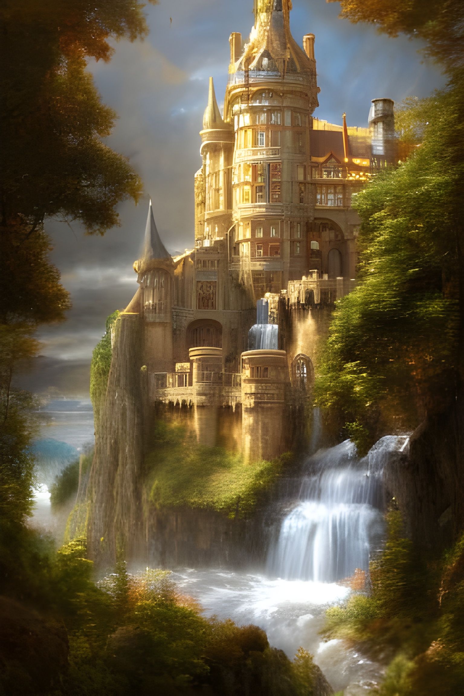 Detailed Medieval Castle on Flowery Hill by Waterfall
