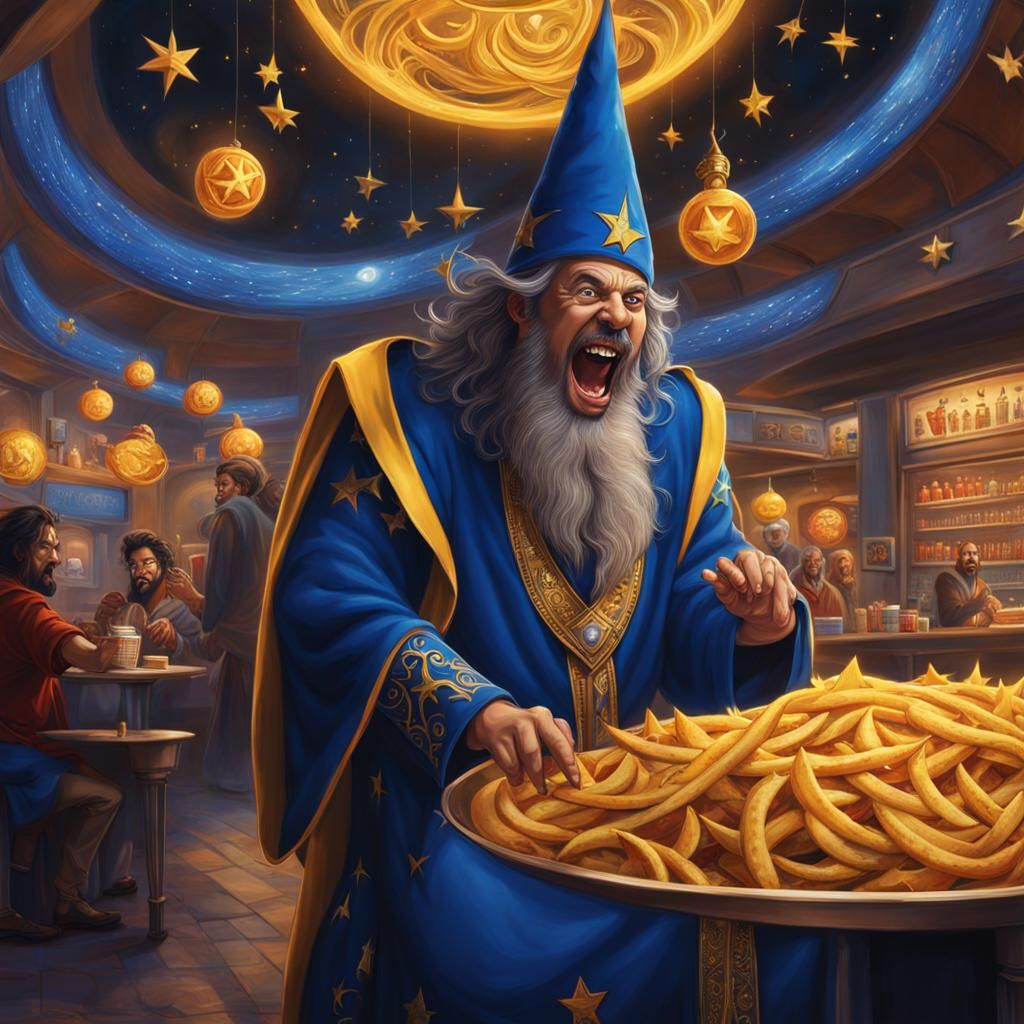 Hyperrealistic Wizard Summons Demon in Fast Food Restaurant