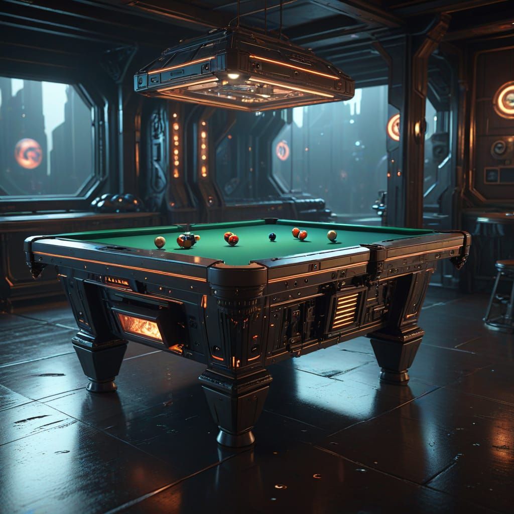 Futuristic Billiard Table with Mech Details and Glowing Ball...