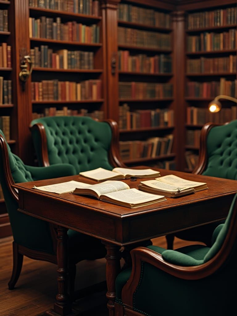 Antique Table in Dimly Lit Library, Realistic Style