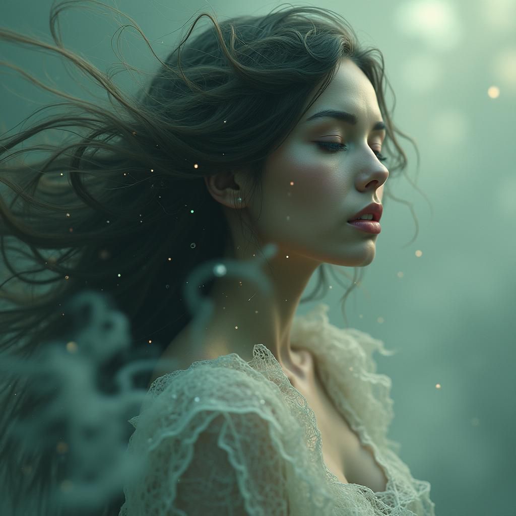 Ethereal Woman in Dreamlike Cobweb Landscape