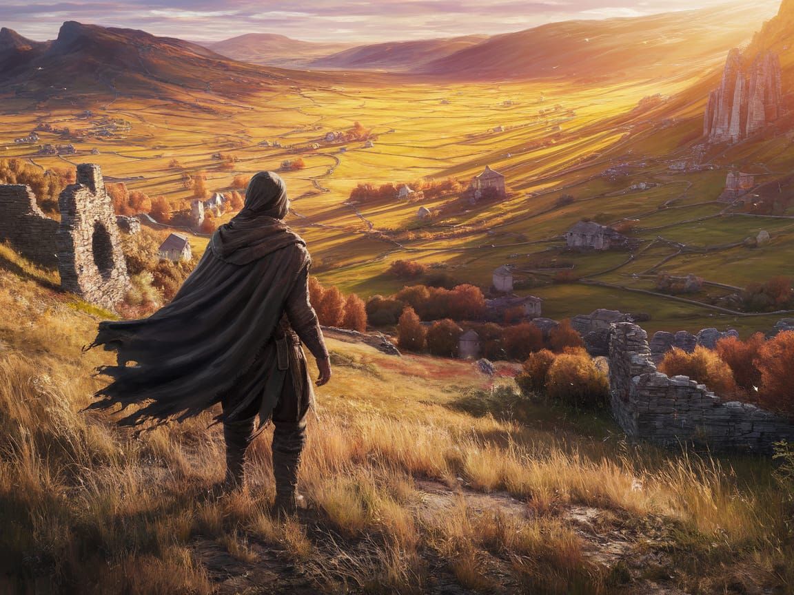 Lone Figure Overlooks Sunlit Valley: Fantasy Concept Art