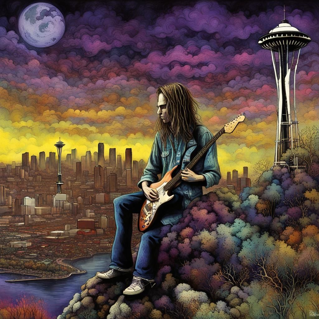 Seattle Grunge Rockers in Surreal Landscape, Digital Paintin...
