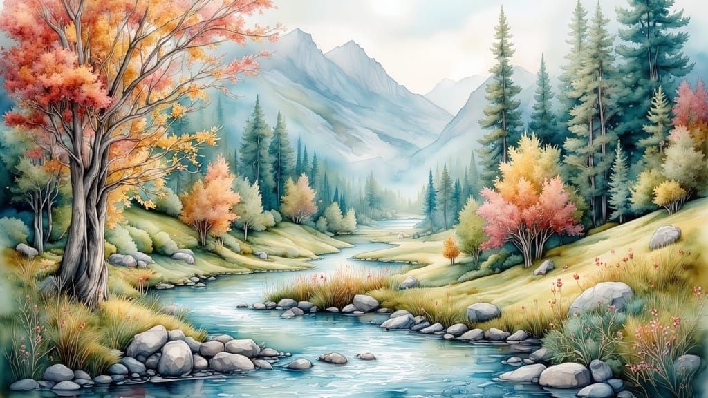 Autumn Forest Stream in Watercolor Style